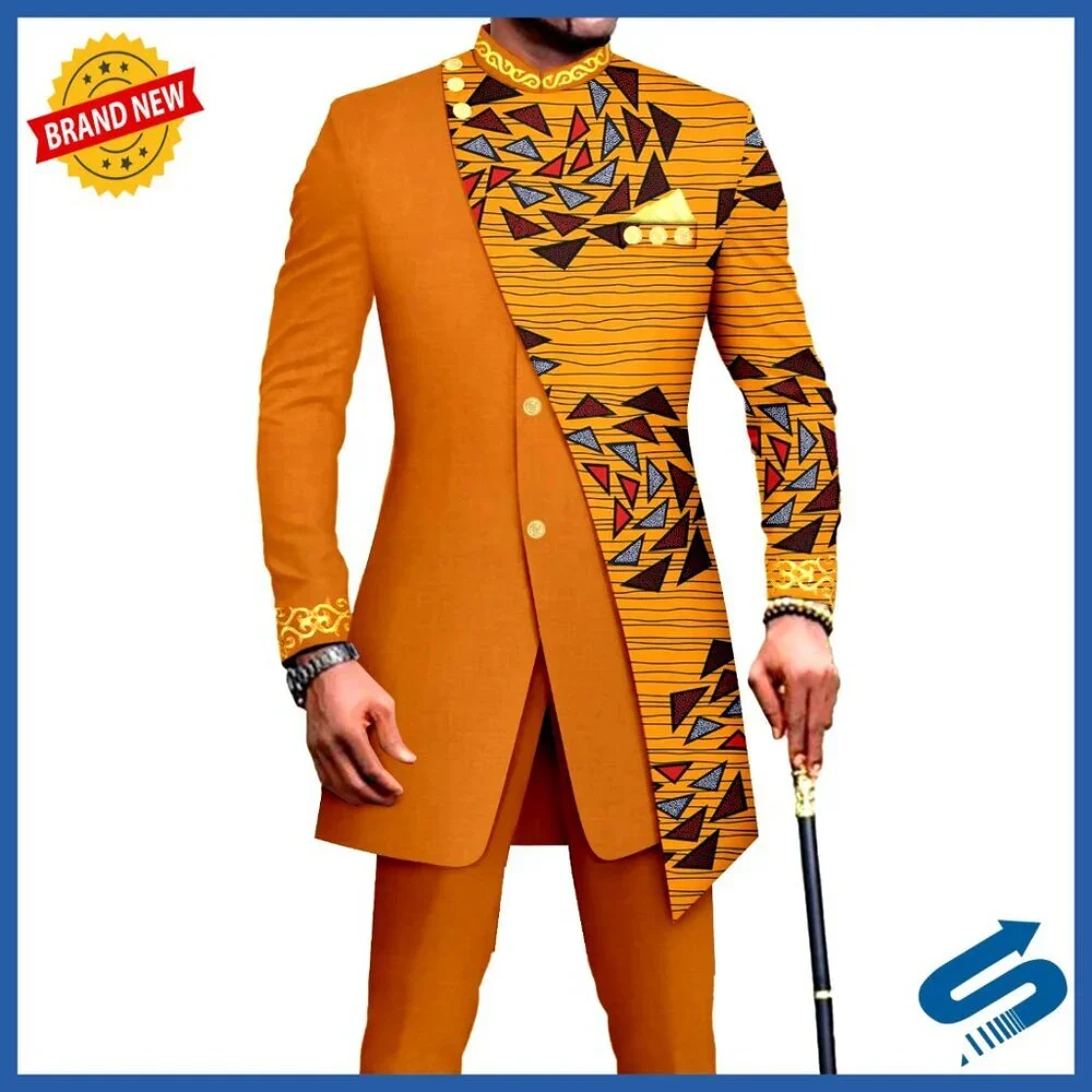 Men's African Suit Set Blazer Pants Embroidery Print Business Wedding Party